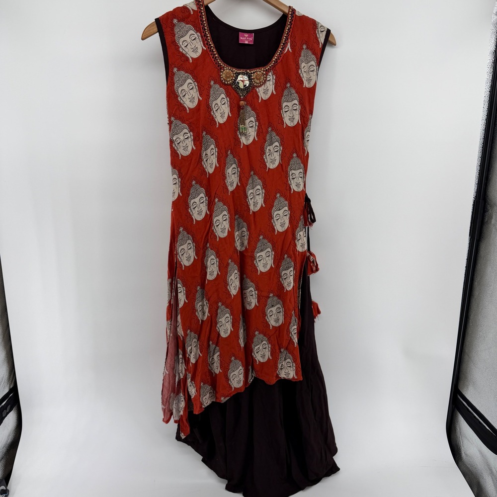 Real Kids Girls Buddha Print Layered Dress Red Brown Beaded Tassel Size 40